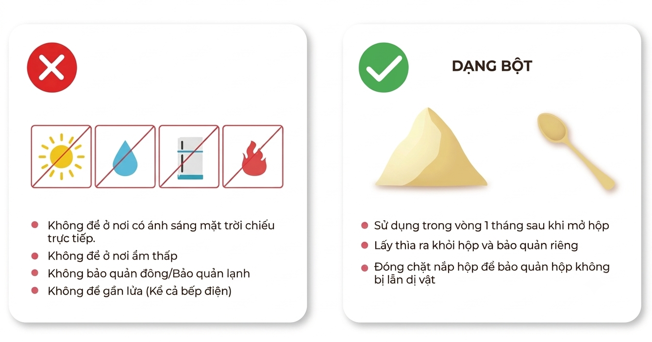 Hướng dẫn bảo quản: không để nơi có ánh sáng mặt trời chiếu trực tiếp, không để nơi ẩm thấp, không bảo quản đông/lạnh, không để gần lửa; dạng bột: dùng trong 1 tháng sau khi mở hộp, lấy thìa ra khỏi hộp và bảo quản riêng, đóng chặt nắp hộp