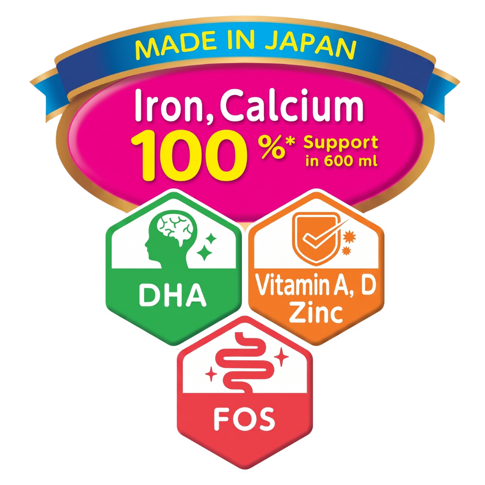 Made in Japan · Iron, Calcium 100% Support in 600 ml · DHA · Vitamin A, D và Zinc · FOS